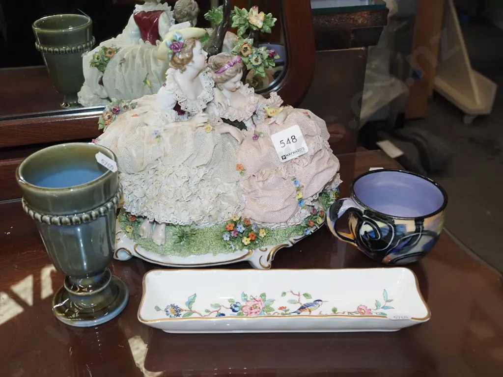 Aynsley tray, pottery cup, Wade goblet, vintage poreclain figurine group H200 Image 1++