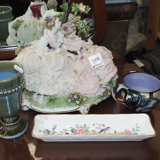 Aynsley tray, pottery cup, Wade goblet, vintage poreclain figurine group H200