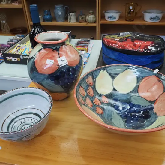 2x studio pottery vases, bowl Diam290