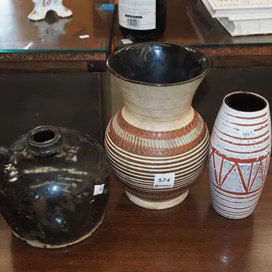 antique Chinese stoneware pouring jar, 2x German pottery vases Tallest has chip to rim H210