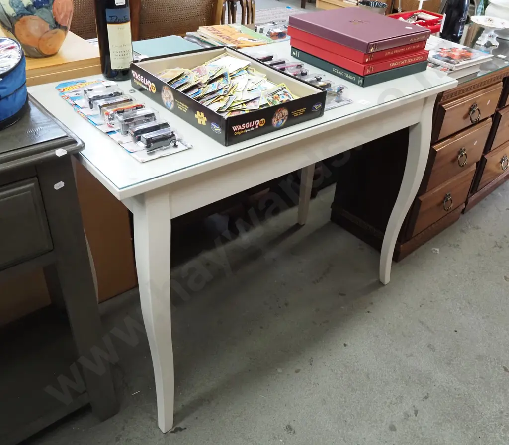 painted wooden cab leg single drawer hall table with protective glass top H750 W1010 D500 Image 1++