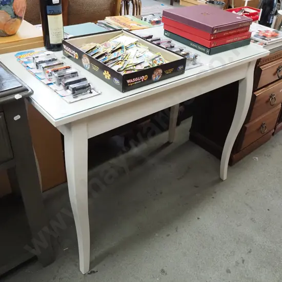 painted wooden cab leg single drawer hall table with protective glass top H750 W1010 D500