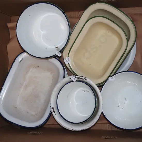 box of enamel bowls and dishes