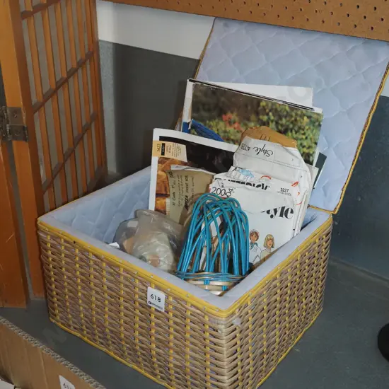 woven plastic sewing box; buttons, patterns etc