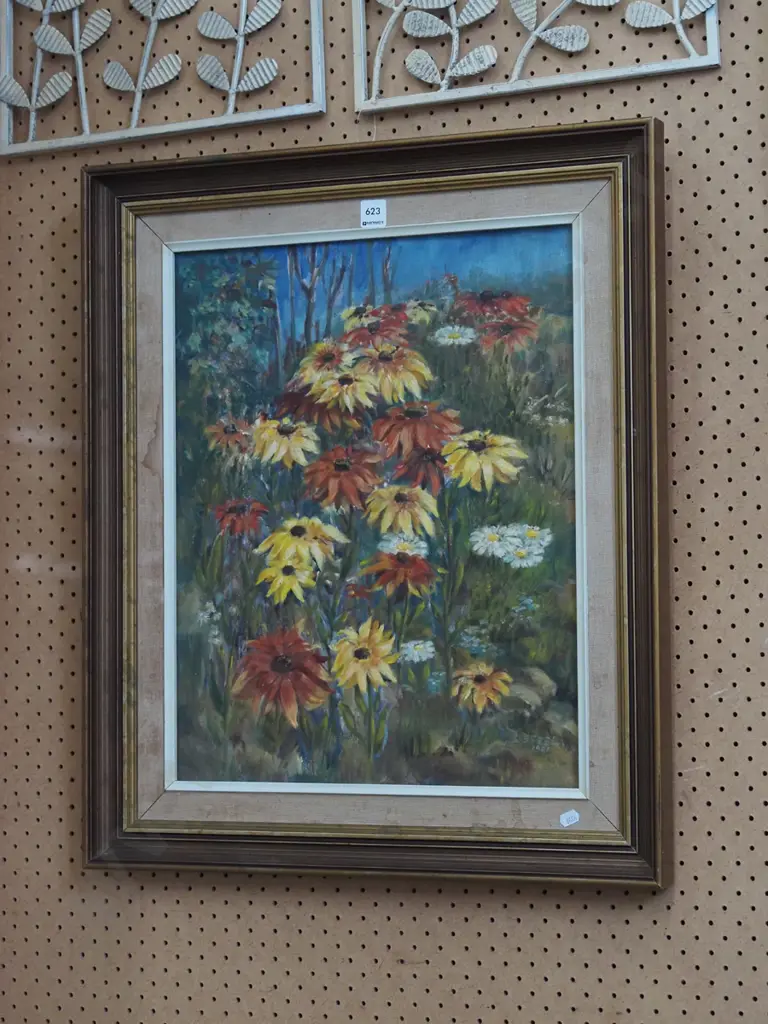 oil on board - meadow flowers - stains to mat Image 1++