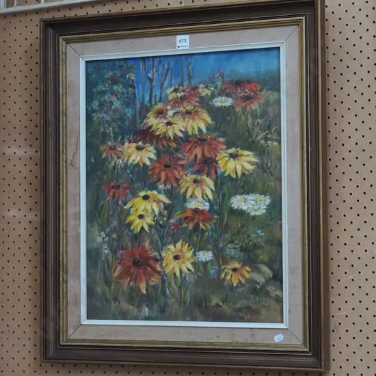 oil on board - meadow flowers - stains to mat