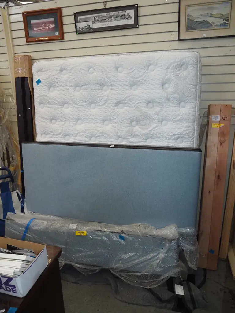 queen slat bed base, mattress, upholstered head and end board Image 1++