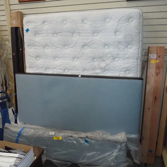 queen slat bed base, mattress, upholstered head and end board