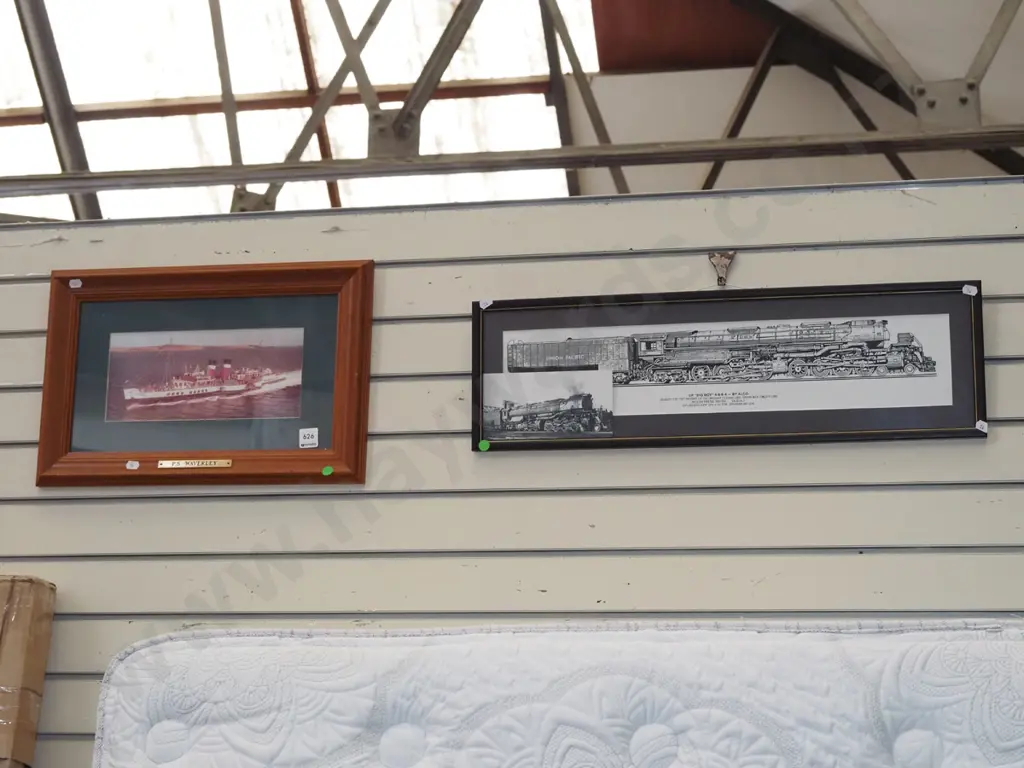 2x framed prints - 1 American train, paddle boat - green dots Image 1++