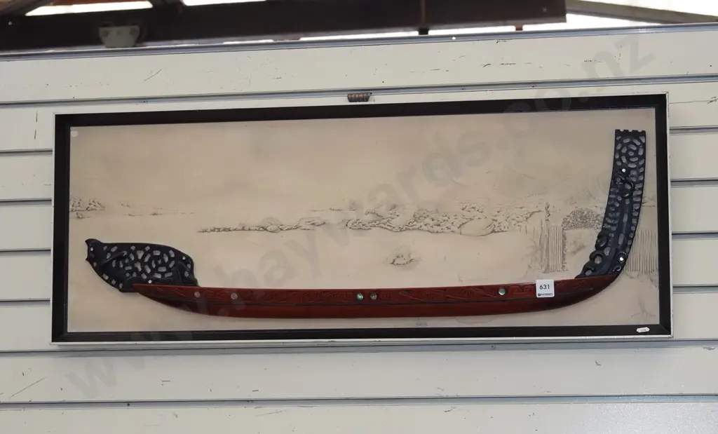 framed hand carved waka with landscape background - background in poor condition Image 1++