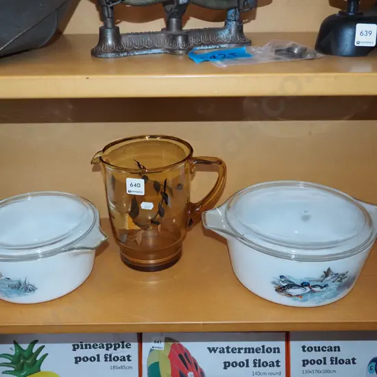 2x milk pyrex glass lidded casserole, amber glass retro water jug
