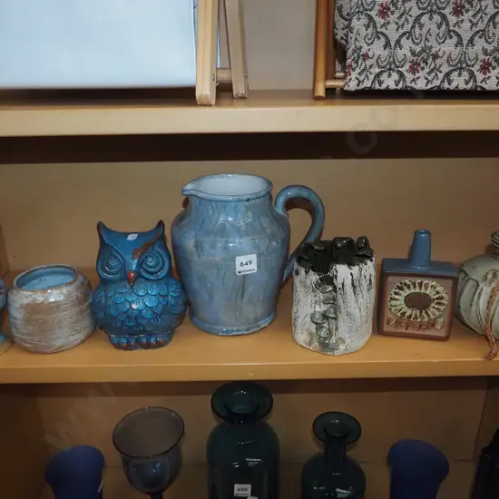 shelf; jugs, owl figurines, canisters etc Jug H190