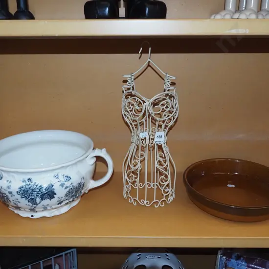 bent metal female torso jewellery stand, chamber pot, Crown Lynn baking dish