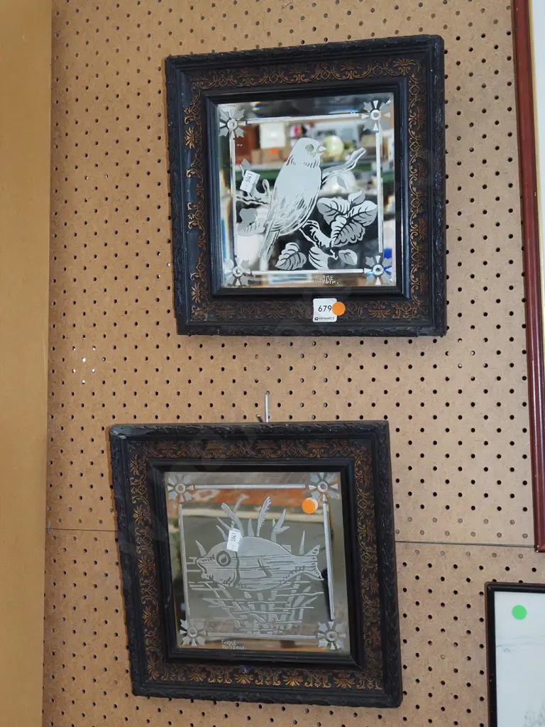 framed T.Lake Dunedin etched mirror glass pictures - bird, fish - orange dots Image 1++