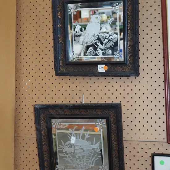 framed T.Lake Dunedin etched mirror glass pictures - bird, fish - orange dots