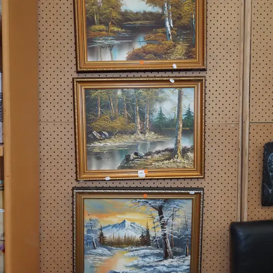3x gilt framed oils - landscapes- orange dots