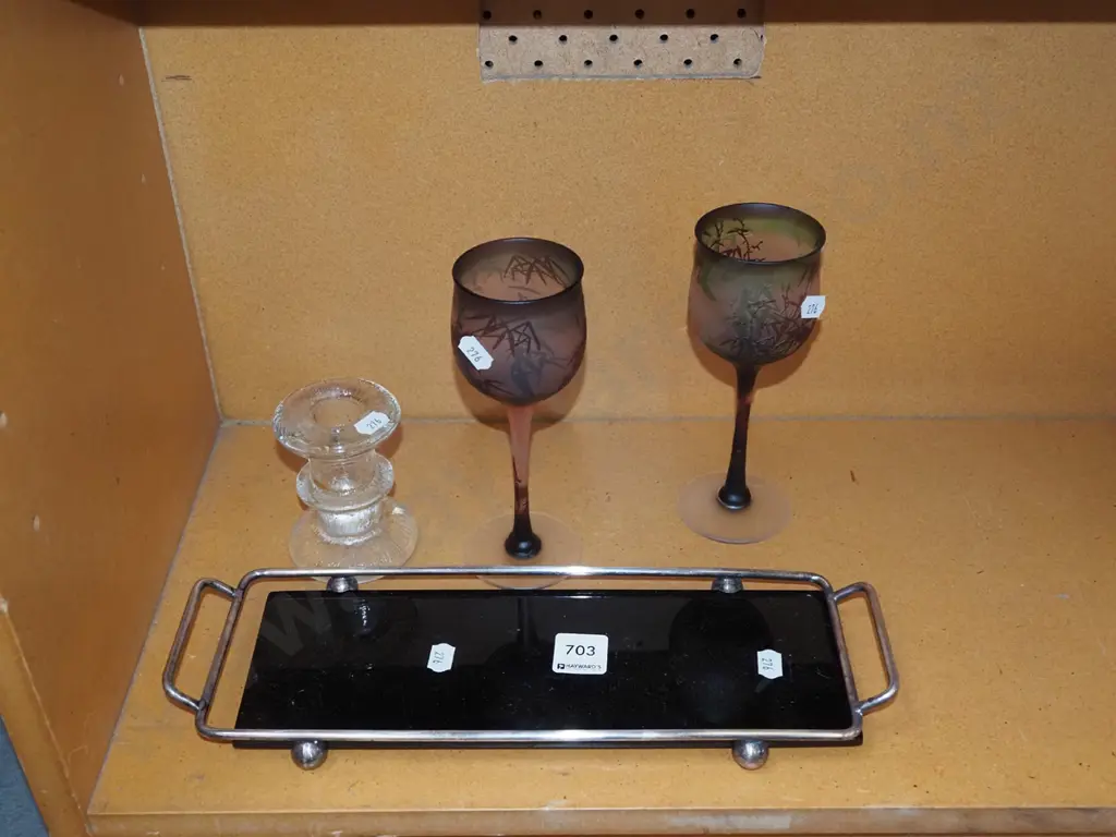glass tray, glass candlestick, 2x wine goblets Tray L325 Image 1++