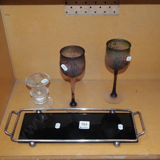 glass tray, glass candlestick, 2x wine goblets Tray L325