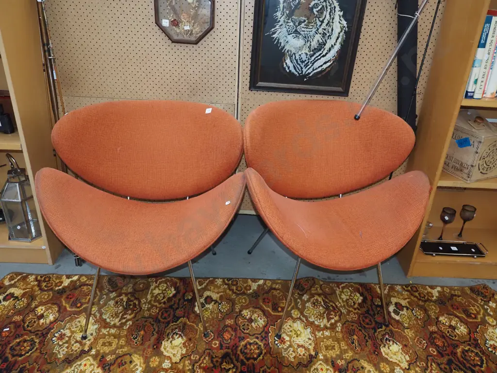2x orange upholstered  lip chairs - marks to fabric Image 1++