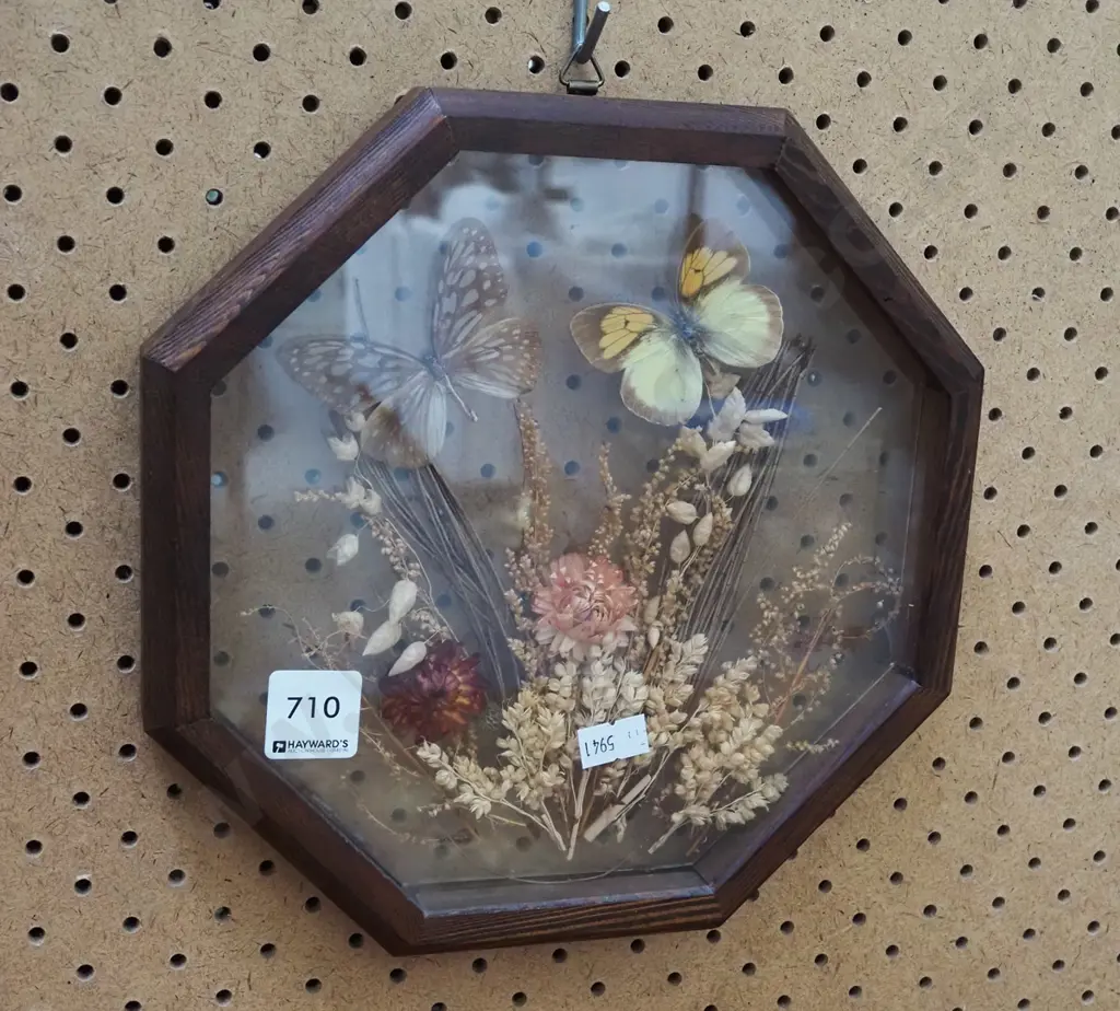 octagonal oak framed wall art - dried flowers, butterflies Image 1++