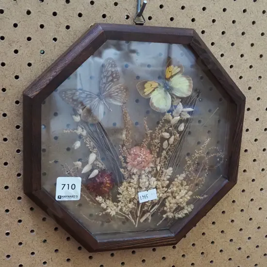 octagonal oak framed wall art - dried flowers, butterflies