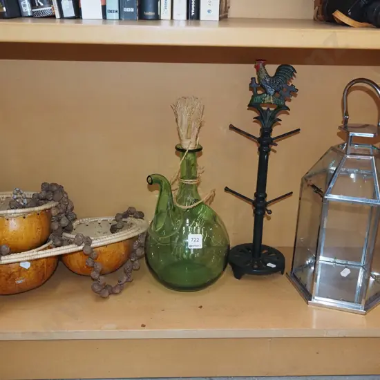 shelf; retro green glass bottle, candle lantern etc