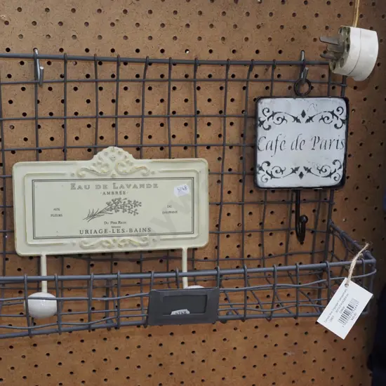 wire mesh hanging basket, 2x sets of coat hooks
