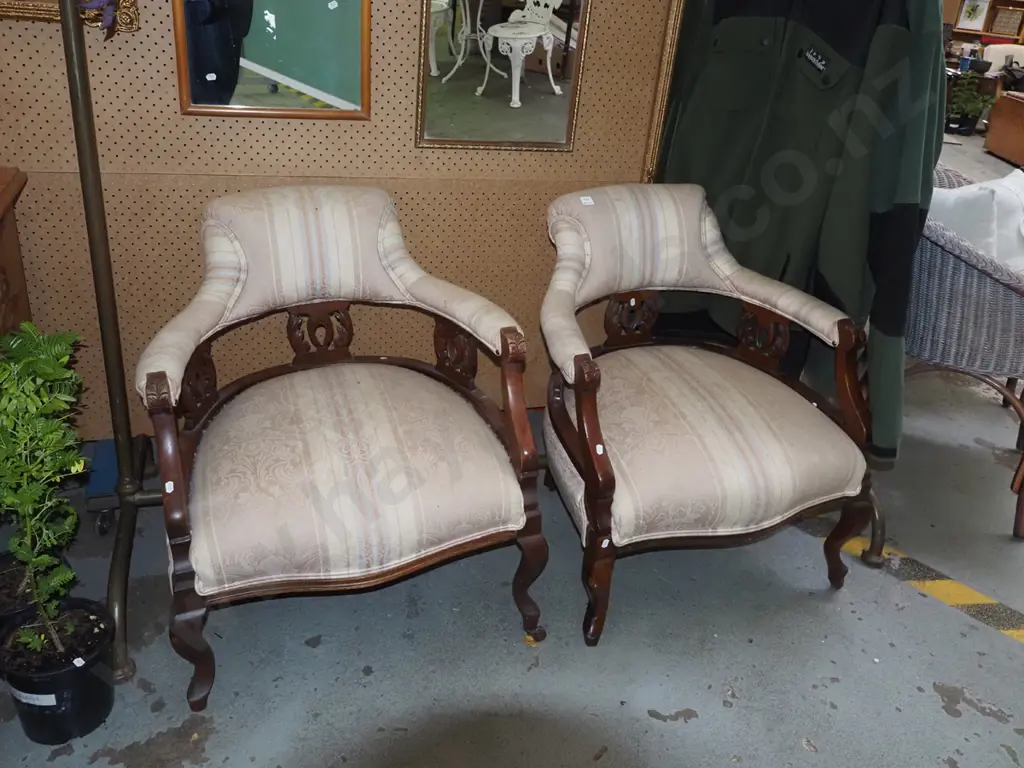 2x Victorian mahogany upholstered tub chairs - missing casters - stains to upholstery Image 1++