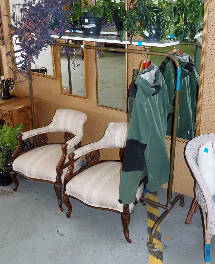 Edwardian shop display clothes rack with pierced display shelf on top - top shelf not original H1505 W1570 Image 1++