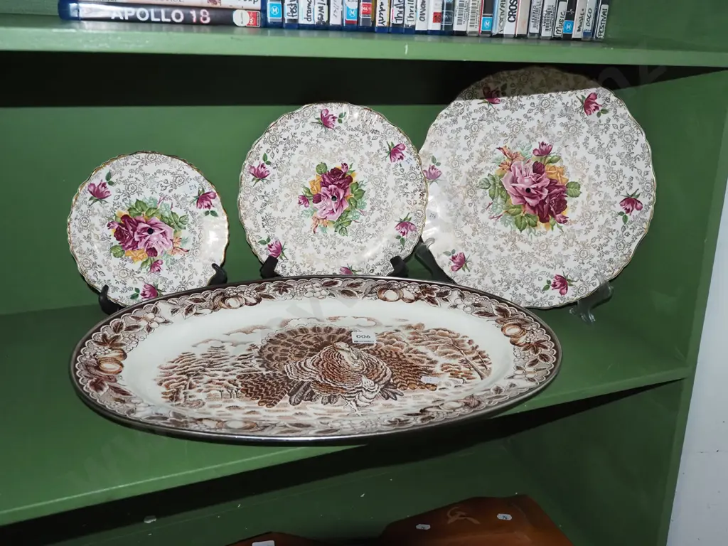 enamel turkey ashet, 3x Old Foley plates with drilled holes for handle Image 1++