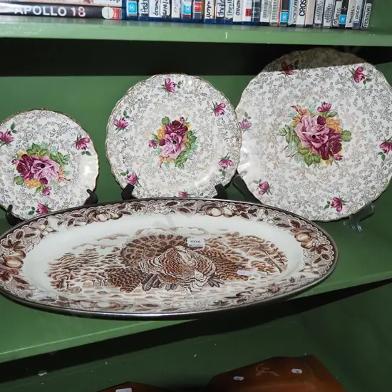 enamel turkey ashet, 3x Old Foley plates with drilled holes for handle