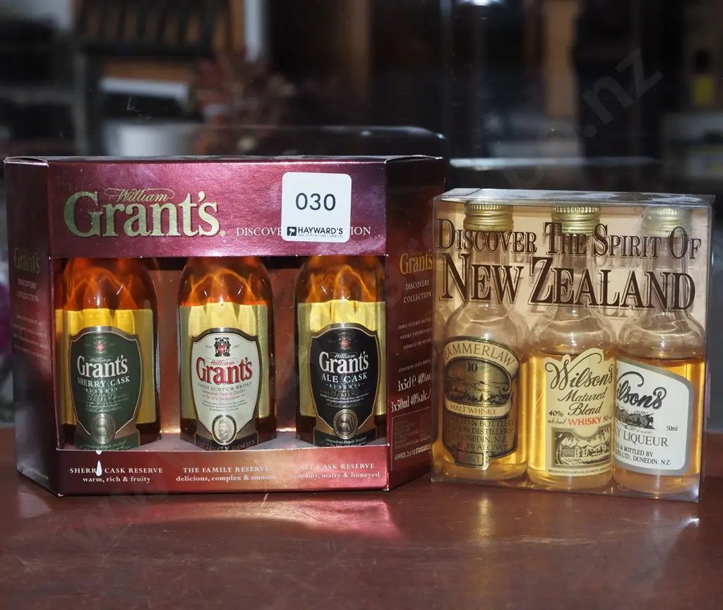 2x spirit miniature whisky sets; Grants, Wilsons Image 1++