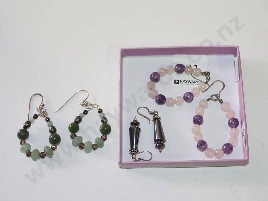3x pairs of earrings; sterling amethyst and pink quartz, sterling? hematite, jade? Image 1++