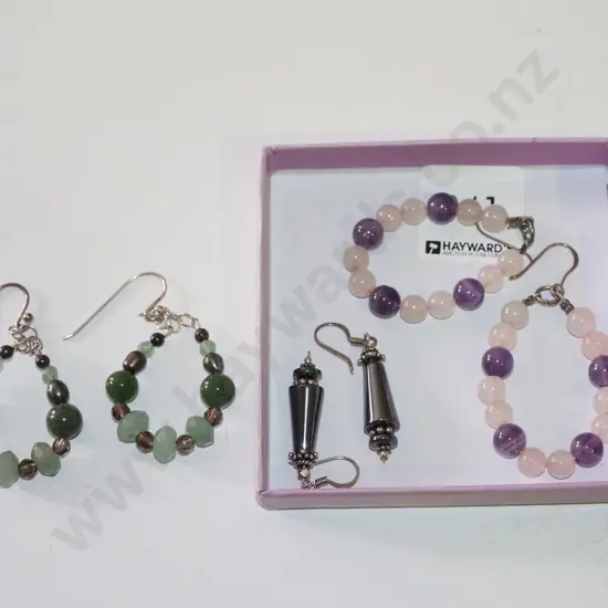 3x pairs of earrings; sterling amethyst and pink quartz, sterling? hematite, jade?