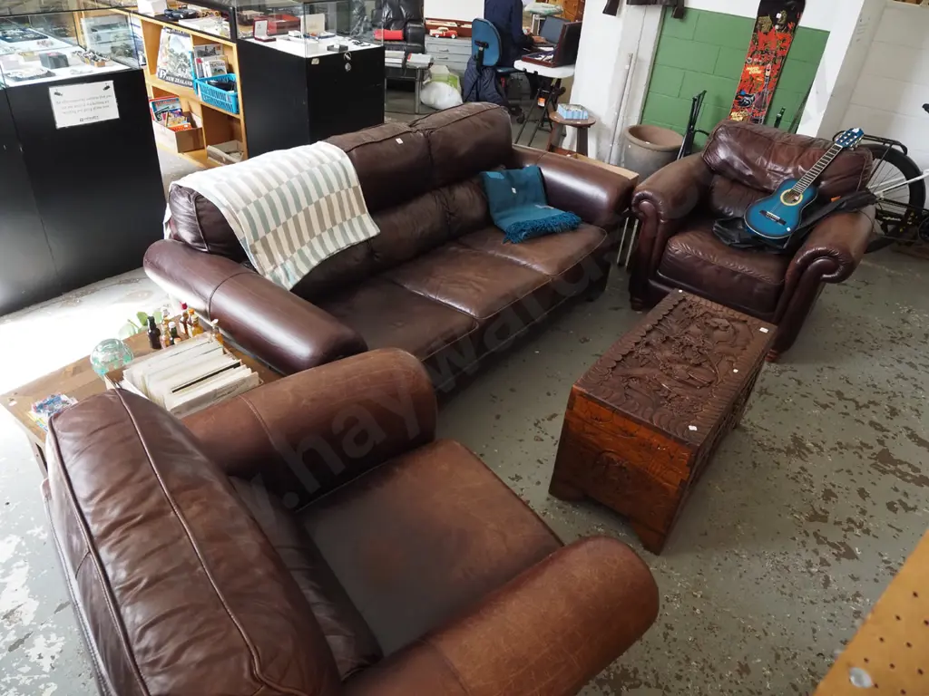 brown leather rolled arm 3 piece lounge suite - 3 seater, 2x singles - some natural wear and tear Image 1++