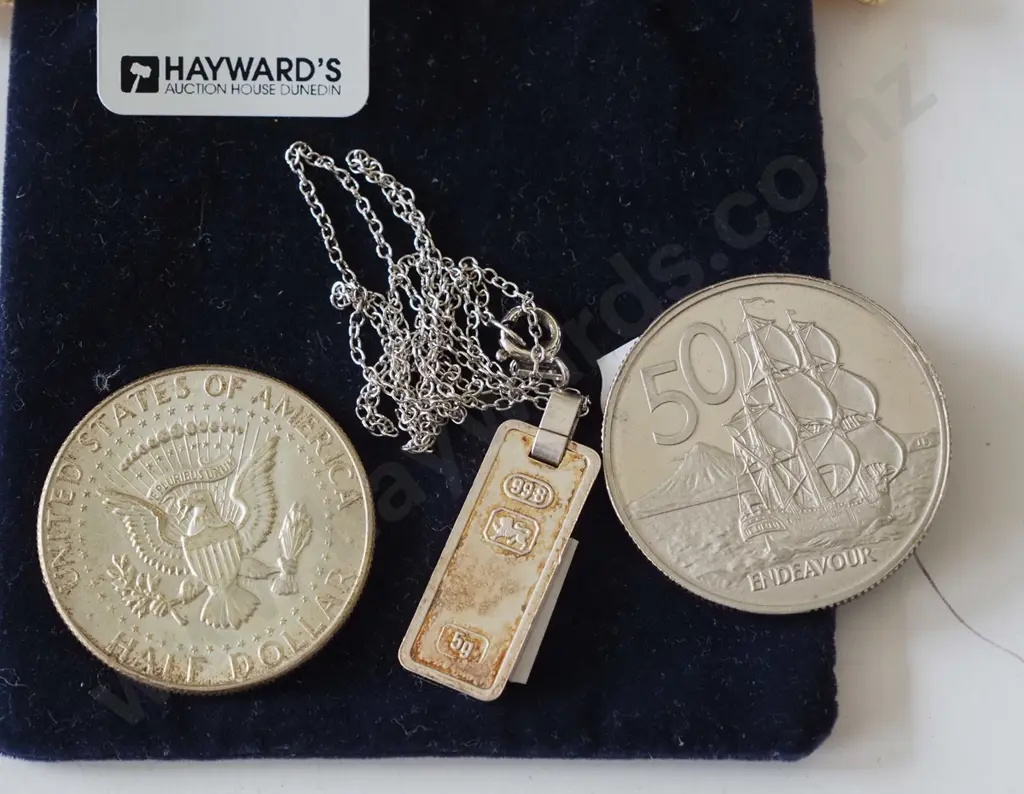 1969 silver American dollar, 1978 50c piece & sterling silver bar & chain  Image 1++