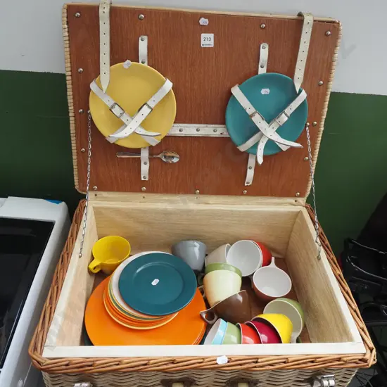 retro cane picnic hamper with plastic duraware cups plates etc 