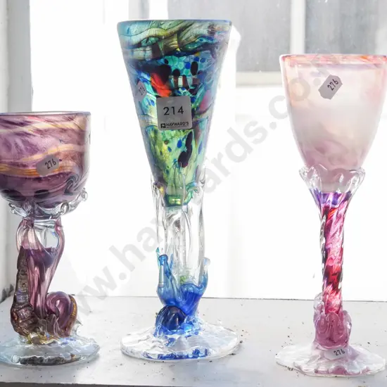 3x art glass stemmed wine glasses H245