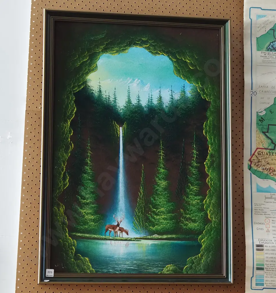 retro framed painting on velvet - stag and deer by waterfall Image 1++