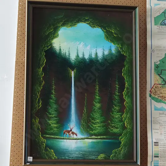 retro framed painting on velvet - stag and deer by waterfall