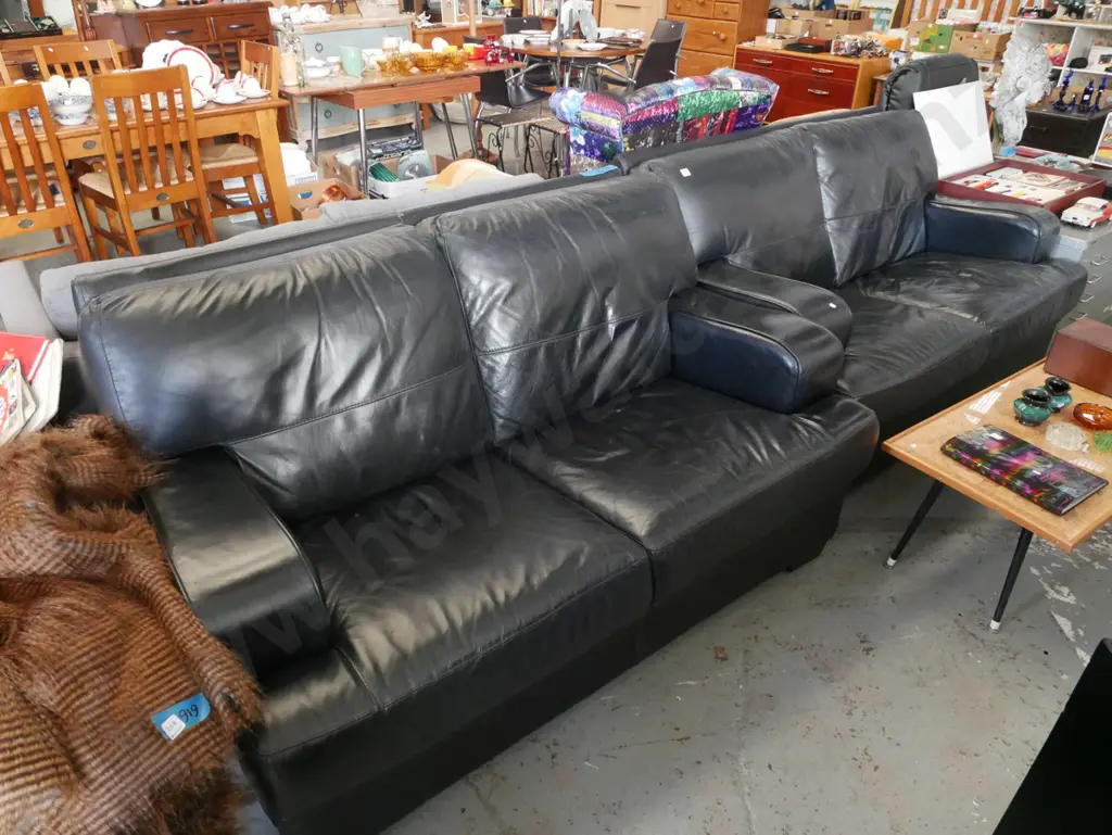 pair of black pigmented leather 2 seater settees - some scratches and damage Image 1++