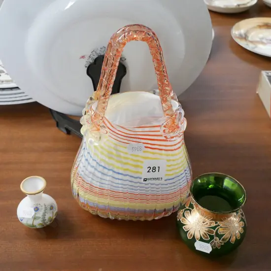 glass basket, small glass bud vase, green glass vase