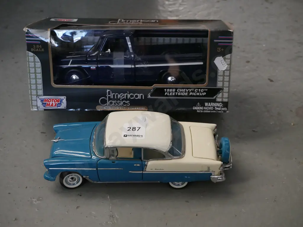 boxed diecast of 1966 Chevrolet pick up, Chevrolet Bel Air hard top Image 1++