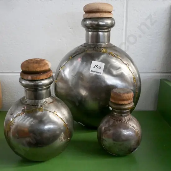 3x beaten metal and welded lidded canisters H280