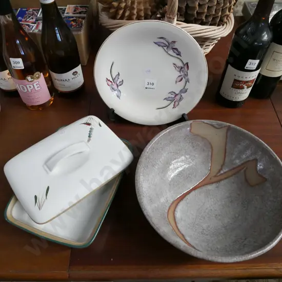 Denby green wheat baking dish, pottery bowl, Royal Swan orchid plate