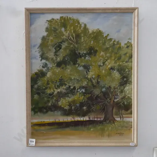 Keith Wilson '64 - framed oil on board - large tree by fence line