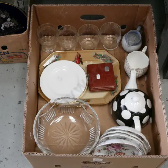 box; crystal bowl, etched tumblers, teapot etc