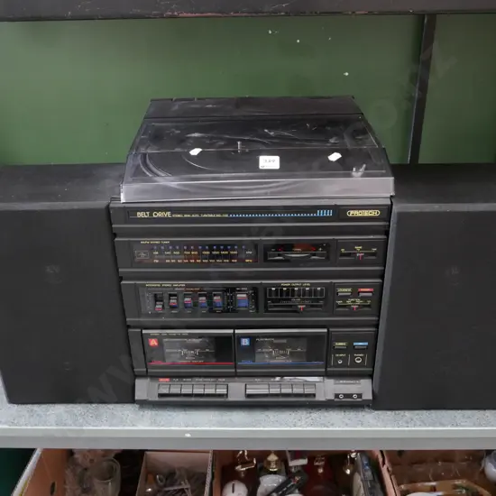 Protech stereo system; twin cassette, radio tuner, turntable - top of turntable cover needs attention