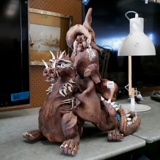 studio pottery witch riding a dragon H480