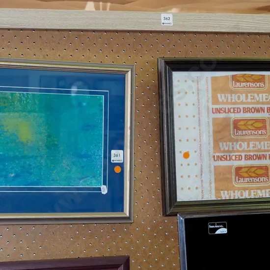 framed brown bread packaging, acrylic abstract - orange dots